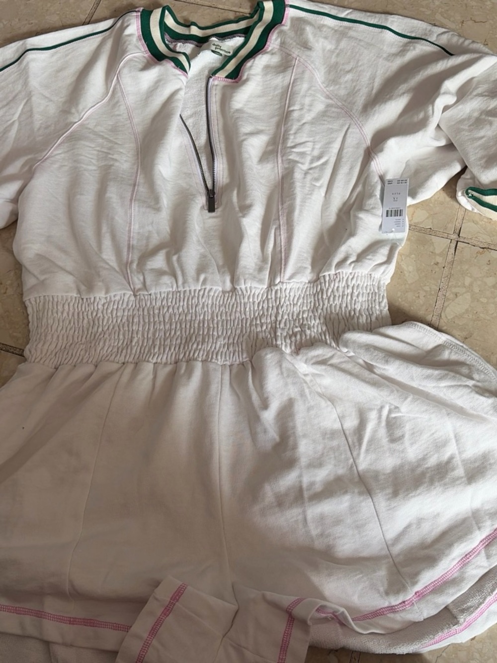 Anthropologie White Romper with Green and Pink Trim